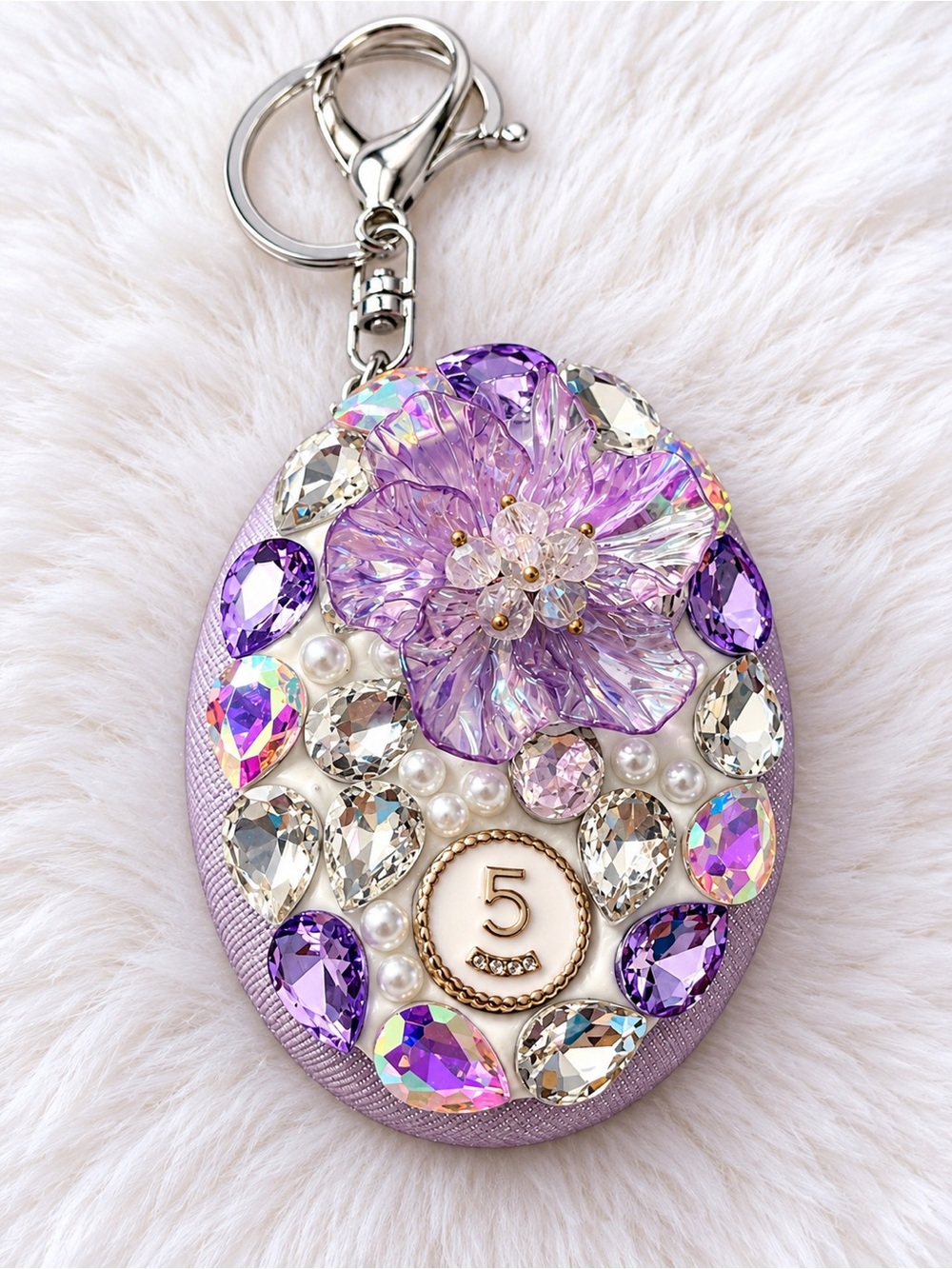 Lavender Crystal Floral Keychain bag Charm mirror - handmade